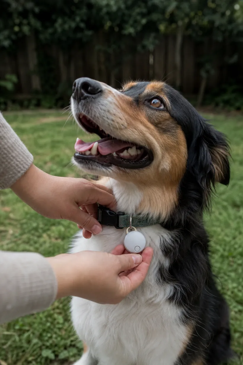 Manos colocando un pequeño rastreador en el collar de un perro.
