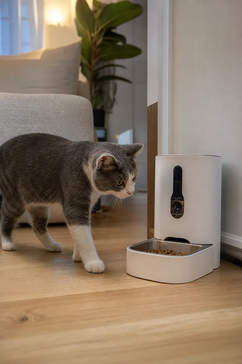 Gato junto a un comedero automático con cámara en la sala.