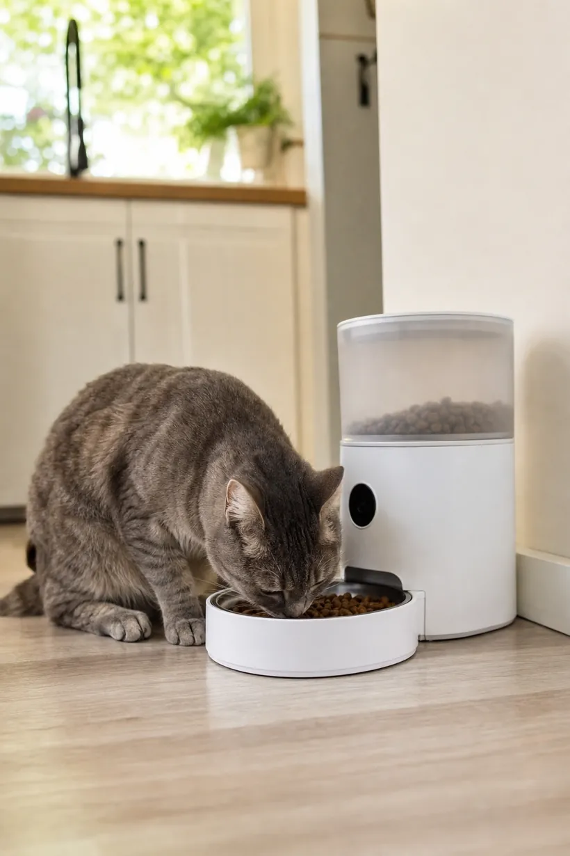 Gato comiendo de un comedero automático moderno en casa.