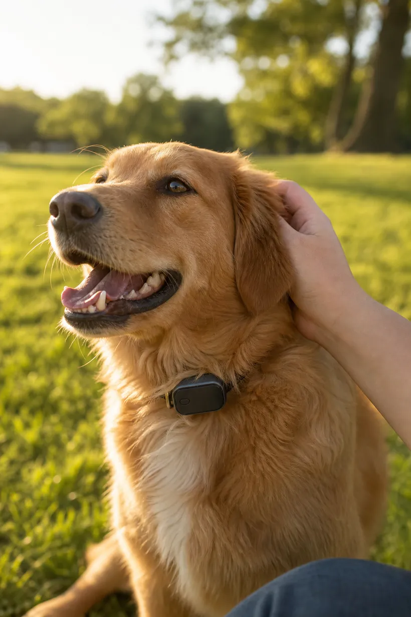 Perro con un collar rastreador GPS en un parque soleado.