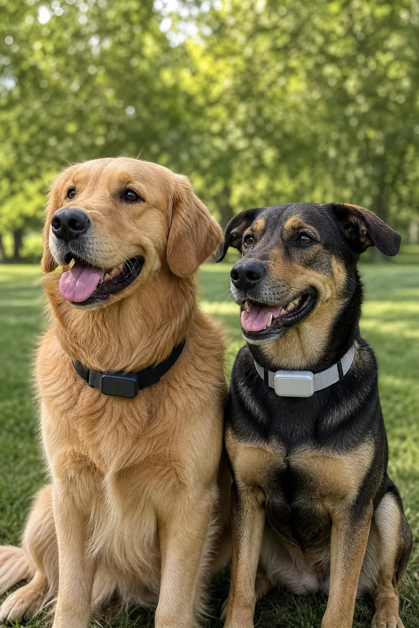 Dos perros con collares rastreadores GPS en el parque.